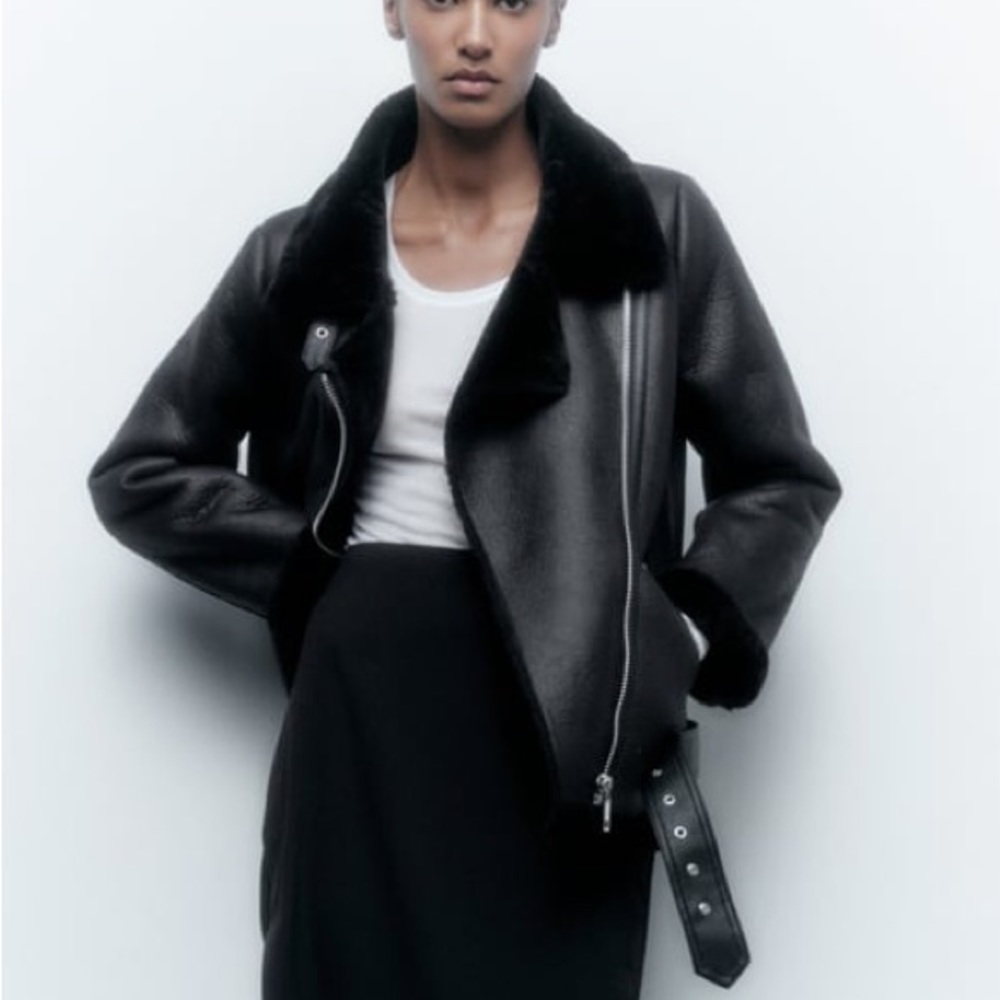 Zara double faced jacket x-small (xs). Faux fur, leather, biker, belt.